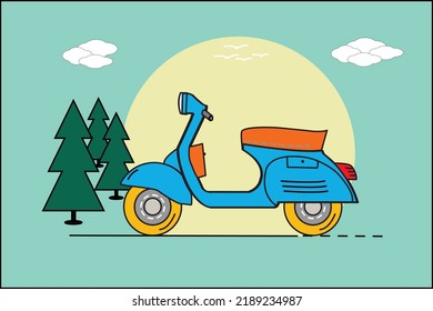 vektor motor vespa berwarna biru dengan background alam