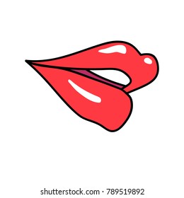Vektor red lips isolated on white. Lips kiss sign, sticker, patch badge. Female mouth. Icon pop art 80s 90s style. Love valentines day symbol. Fashion illustration for banner, greeting card, textile.