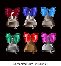 Vektor set of 6 bells with red bows on black background