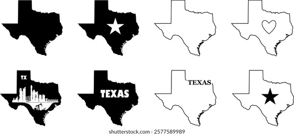 Vektor Silhouetten und Konturen Set - Texas USA Landkarte Bundesstaat im Süden - Grafik Design Element