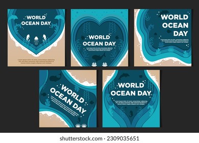 Vektor Social Media Feeds Template World Ocean Day with Paper Cut Style