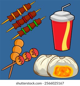 Vektor Stok Tasty Food Set Vector Illustration Cartoon