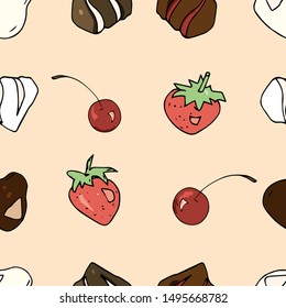 Vektor sweets seamless pattern: chocolates, cherries, strawberries for decorating cafes, packing sweets and more;