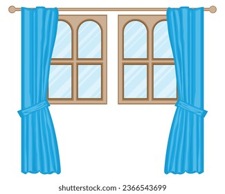 vektor of two blue room or room curtains that are tied neatly in both right and left corners of two brown wooden glass windows with a white wall background