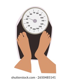 vektor weigh. Top view of female feet standing on weighing scale