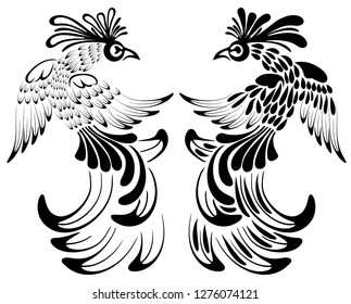 Vektorgrafik. Set of black phoenix bird/ peacock isolated on white background. Template. Die cut. Perfect for wall design. Wall Tattoo. Set as a logo or stamp. Sticker. Stylized image.