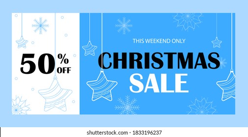 
vektornoye izobrazheniye rozhdestvenskoy rasprodazhi v 50 % na golubom i belom fone so snezhinkami i yelochnymi igrushkami.
vector image of a Christmas sale at 50% on a blue and white background with