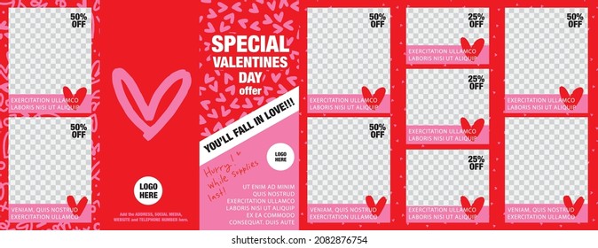 Velantines day brochure template with photo and copy space. Colorful pink and red double-sided vector design for february 14th sale and business promotion.