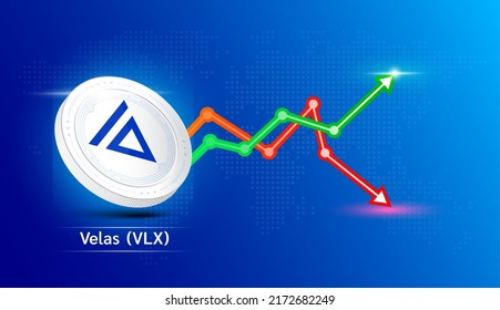 Velas coin white. Cryptocurrency token symbol with stock market investment trading graph green and red. Economic trends business concept. 3D Vector illustration.