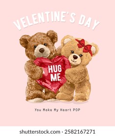 velentine's day card template with bear doll lovers holding heart balloon vector illustration