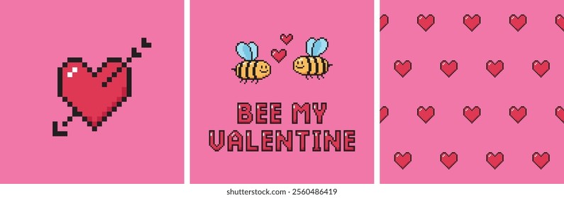 Velentine's day cards with pixel art. Pink and red cartoon design. Bee my valentine, heart with arrow and seamless pattern.