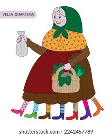 Vella Quaresma or Old Lady Lent is the woman with seven legs  carrying a cod and a basket of vegetabales with Swith chard. Used from Ash Wednesday to Holy Week in Catalonia. Vector illustration.