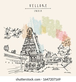 Vellore, Tamil Nadu, South India. Travel sketch drawing. Vintage hand drawn postcard, poster. Vintage hand drawn EPS 10 vector postcard