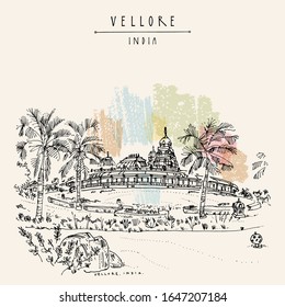 Vellore, Tamil Nadu, South India. Hindu Sri Lakshmi Narayani Temple. Golden Temple Vellore complex in Sripuram spiritual park. Beautiful garden. Travel sketch. Vintage hand drawn EPS10 vector postcard