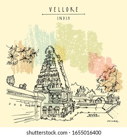 Vellore, Tamil Nadu, South India. Travel sketch drawing. Vintage hand drawn postcard, poster. Vintage hand drawn EPS 10 vector postcard