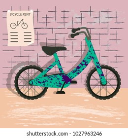 Velo bike isolated on wall background. Bicycle rent concept. Vector illustration eps 10