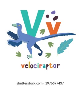 Velociraptor. Cute cartoon hand drawn illustration with dinosaur and V letter. Vector illustration