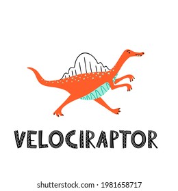 Velociraptor süße Vektorfigur. Laufende Dinosaurierklammer mit Schrift. Flache Vektorgrafik mit getrennten Elementen.