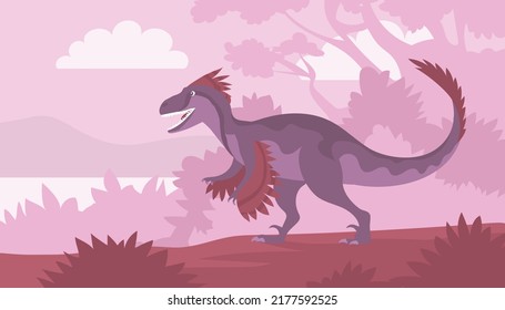 Velociraptor with dangerous claws. Predatory dinosaur of the Jurassic period. Raptor with feathers. Strong hunter lizard. Wildlife with prehistoric forest. Cartoon vector illustration