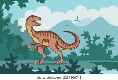 Velociraptor with dangerous claws. Predatory dinosaur of the Jurassic period. Strong hunter raptor. Prehistoric landscape and pangolin. Cartoon vector art illustration hand drawn