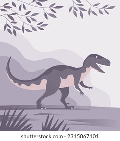 Velociraptor with dangerous claws. Predatory dinosaur of the Jurassic period. Strong hunter raptor. Prehistoric landscape and pangolin. Cartoon vector illustration