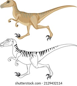 Velociraptor dinosaur with its doodle outline on white background illustration