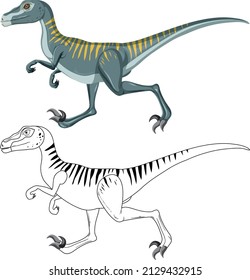 Velociraptor dinosaur with its doodle outline on white background illustration