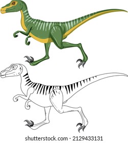 Velociraptor dinosaur with its doodle outline on white background illustration