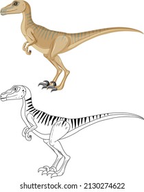 Velociraptor dinosaur with its doodle outline on white background illustration