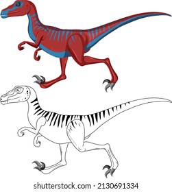 Velociraptor dinosaur with its doodle outline on white background illustration