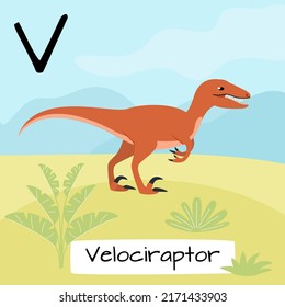 Velociraptor dinosaur. Letter T. Children's alphabet education. Vector illustration of a prehistoric dinosaur.