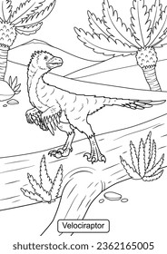 Velociraptor Dinosaur line art for coloring page vector illustration