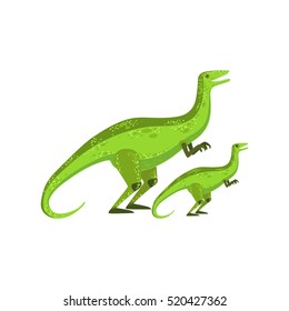 Velociraptor Dinosaur Prehistoric Monster Couple Of Similar Specimen Big And Small Cartoon Vector Illustration