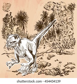 Velociraptor. DINOSAURS - Life in the prehistoric time. Freehand sketching, line drawing. An hand drawn vector illustration. Colored background is isolated. Line art technique. Vector is easy editable