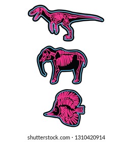 Velociraptor, elephant, fish vector neon skeleton illustration.