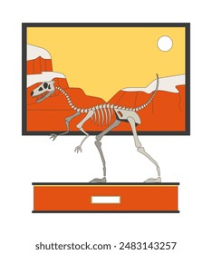 Velociraptor fossil exhibit 2D linear cartoon object. Raptor dinosaur skeleton isolated line vector element white background. Dino replica. Science museum exhibition color flat spot illustration