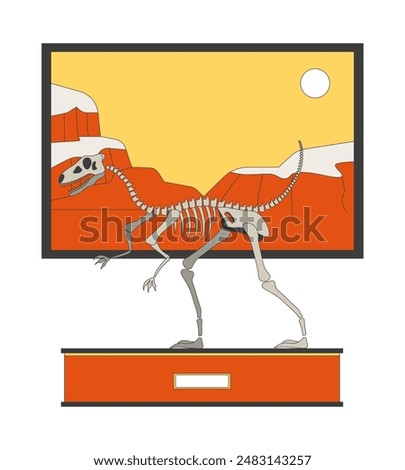 Velociraptor fossil exhibit 2D linear cartoon object. Raptor dinosaur skeleton isolated line vector element white background. Dino replica. Science museum exhibition color flat spot illustration