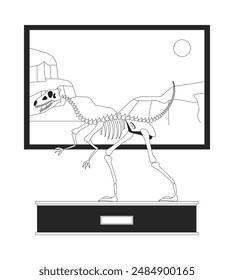 Velociraptor Fossil zeigen schwarz-weiße 2D-Linie Cartoon-Objekt. Raptor Dinosaurier Skelett isolierte Vektorgrafik Umriss Element. Dino-Replik. Wissenschaft Museumsausstellung monochromatische Flachfleckdarstellung