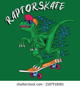 VELOCIRAPTOR WITH GLASSES AND CAP ON A SKATEBOARD WITH LIGHTNING BEHIND HIM