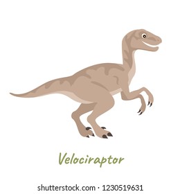 Velociraptor isolated on white background. Vector illustration of cute funny dinosaur in cartoon simple flat style.