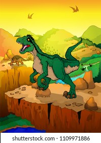 Velociraptor with landscape background.
