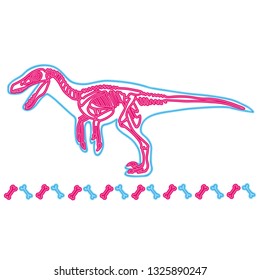 Velociraptor light neon skeleton vector illustration. Fossil cartoon