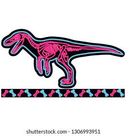 Velociraptor neon skeleton vector illustration. Fossil cartoon motif set with border. Hand drawn glowing dinosaur skull elements. bone anatomy graphic, paleontology web buttons.