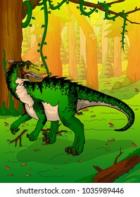 Velociraptor on the background of forest
