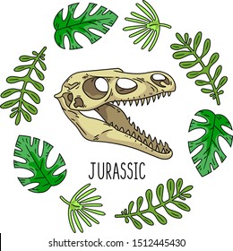 Velociraptor skull surronded by palm leaves. Vector illustration for t-shirts design prints, posters, cards etc.