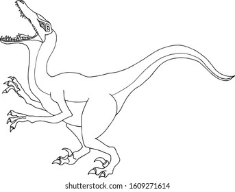  Velociraptor. Small fast dinozaur in cartoon style. Outline vector animal isolated, on a white background. Hand drawing coloring book for adults and children. For  magazines, prints on clothes.