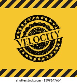 Velocity black grunge emblem inside yellow warning sign. Vector Illustration. Detailed.