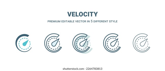 icono de velocidad en 5 estilos diferentes. Esquema, relleno, dos colores, icono de velocidad delgada aislado en fondo blanco. El vector modificable se puede usar web y móvil
