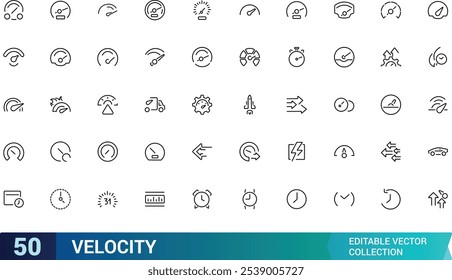 Ícone Velocidade definido. Contendo velocidade, aceleração, momentum, taxa, força, movimento, velocidade, física e muito mais. Coleção de ícones de vetor de linha. Ilustração vetorial.