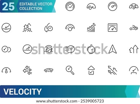 Velocity icon set. Containing speed, acceleration, momentum, rate, force, motion, velocity, physics, and more. Line vector icons collection. Vector illustration.